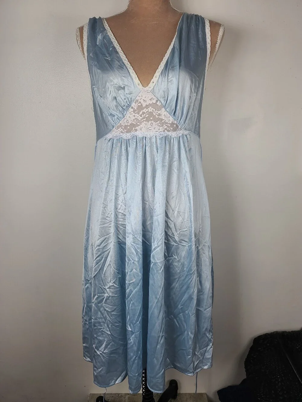 Vtg 60's Lorraine Blue Nylon Lace Front Sleeveless Midi Slip Retro Nightgown M - Picture 11 of 15